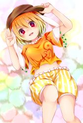 Rule 34 | 1girl, animal ears, blonde hair, blush, breasts, chikuwa savy, crop top, flat cap, floppy ears, hat, looking at viewer, lying, medium breasts, midriff, on back, open mouth, orange shirt, rabbit ears, red eyes, ringo (touhou), shirt, short hair, short shorts, shorts, smile, solo, striped clothes, striped shorts, touhou