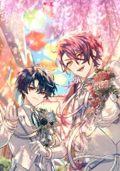 Rule 34 | 2boys, black hair, bouquet, cain knightley, closed mouth, flower, formal, heterochromia, highres, long hair, looking at viewer, mahoutsukai no yakusoku, male focus, multiple boys, naruta iyo, open mouth, ponytail, red eyes, red hair, shino sherwood, short hair, smile, suit, teeth, yellow eyes