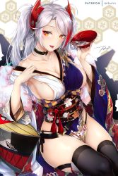 Rule 34 | 1girl, alcohol, antenna hair, azur lane, bare shoulders, black thighhighs, blush, breasts, choker, cleavage, cup, feather boa, hair ornament, japanese clothes, kimono, large breasts, long hair, long sleeves, looking at viewer, mole, mole on breast, multicolored hair, obi, open mouth, prinz eugen (azur lane), prinz eugen (profusion of flowers) (azur lane), rei kun, rigging, sakazuki, sake, sash, silver hair, sitting, smile, solo, streaked hair, swept bangs, thighhighs, thighs, tongue, tongue out, two side up, wide sleeves, yellow eyes