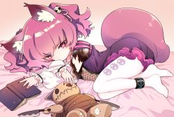 Rule 34 | 1girl, animal ear fluff, animal ears, arknights, bed, bed sheet, book, burnt clothes, crop top, fox ears, fox girl, fox tail, hair ornament, heart, heart-shaped pupils, highres, knife, long sleeves, looking at viewer, lying, midriff, nail polish, on bed, on side, pantyhose, print pantyhose, purple eyes, purple hair, purple nails, purple vest, shamare (arknights), shirt, short hair, skull print, solo, stuffed toy, stuffed wolf, symbol-shaped pupils, tail, twintails, vest, white pantyhose, white shirt, yukijiro