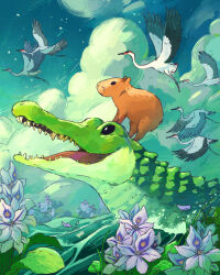 Rule 34 | alt text, animal, animal focus, animal on head, bird, capybara, cloud, cloudy sky, commentary, crane (animal), crocodile, crocodilian, day, english commentary, flock, flower, flying, highres, hyacinth, in water, john ramsey, no humans, on head, open mouth, original, outdoors, partially submerged, plant, purple flower, sharp teeth, sky, teeth, water, water hyacinth