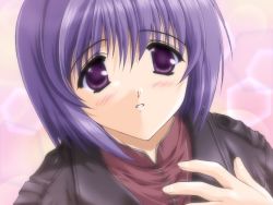 Rule 34 | 00s, 1girl, :o, close-up, comic party, eyebrows, game cg, haga reiko, hand on own chest, jacket, mitsumi misato, parted lips, purple eyes, purple hair, short hair, solo, teeth, upper body