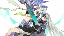 Rule 34 | 1boy, 1girl, abs, absurdres, aqua hair, black-framed eyewear, black dress, black pants, breasts, brynhildr (fate), cape, cleavage cutout, closed mouth, clothing cutout, collared cape, dress, fate/grand order, fate (series), gauntlets, genderswap, genderswap (ftm), genderswap (mtf), glasses, gloves, gram (fate), grey gloves, grey hair, hair between eyes, hand on own chest, highres, hip armor, holding, holding sword, holding weapon, human scabbard, large breasts, long hair, long sleeves, looking at another, multicolored hair, pants, plackart, purple cape, purple eyes, purple hair, sigurd (fate), simple background, stab, streaked hair, sword, vambraces, very long hair, weapon, white background, wing hair ornament, xianyu liang