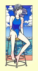Rule 34 | 1girl, absurdres, ayase (ayasegiken), blue one-piece swimsuit, border, chair, cloud, cloudy sky, competition swimsuit, flat color, floating hair, full body, grey hair, highres, medium hair, one-piece swimsuit, original, pink eyes, sitting, sky, smile, solo, swimsuit, water, yellow border