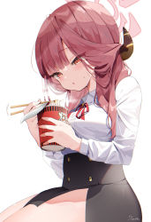 Rule 34 | 1girl, :o, aru (blue archive), bad id, bad pixiv id, black skirt, blowing, blowing on food, blue archive, blunt bangs, blush, chopsticks, collared shirt, commentary request, cup, cup ramen, eating, halo, high-waist skirt, highres, holding, holding chopsticks, holding cup, horns, koyubita, long hair, long sleeves, looking down, red eyes, red hair, shirt, signature, skirt, solo, white shirt