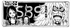 Rule 34 | 1girl, 2boys, calgara, facial mark, father and daughter, looking at viewer, lowres, monochrome, mouse (one piece), multiple boys, official art, one piece, open mouth, sbs, seto (one piece), shueisha, smile, wings
