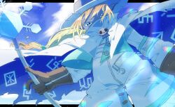 Rule 34 | 1boy, blonde hair, brown gloves, cape, cloud, coat, day, digimon, digimon (creature), from below, gloves, guoh ga gotoku, hat, highres, holding, holding wand, long hair, long sleeves, looking at viewer, looking down, male focus, outdoors, pointy ears, sorcerimon, staff, torn cape, torn clothes, wand, white cape, white coat, white hat, wizard hat