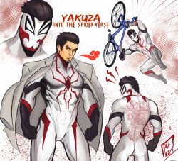 Rule 34 | 1boy, absurdres, artist name, back, bicycle, black bodysuit, black hair, bodysuit, closed mouth, coat, coat on shoulders, cosplay, facial hair, grey coat, highres, holding, kiryu kazuma, large pectorals, male focus, marvel, mask, multicolored bodysuit, multicolored clothes, multiple views, muscular, muscular male, pectorals, red bodysuit, ryuu ga gotoku (series), short hair, spider-man, spider-man: into the spider-verse, spider-man (cosplay), spider-man (series), spider-verse, tazahan, white bodysuit