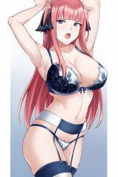 Rule 34 | 1girl, armpits, arms up, aslindsamure, blue eyes, blunt bangs, bra, breasts, cleavage, garter belt, garter straps, go-toubun no hanayome, hair ornament, hair ribbon, large breasts, lingerie, long hair, nakano nino, navel, open mouth, pink hair, ribbon, solo, stomach, thighhighs, thighs, underwear