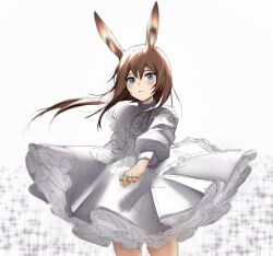 Rule 34 | 1girl, absurdres, amiya (arknights), animal ear fluff, animal ears, arknights, blue eyes, blush, brown hair, commentary request, dress, floating hair, grey background, hair between eyes, highres, jewelry, long hair, long sleeves, looking at viewer, outstretched arm, parted lips, pleated dress, puffy long sleeves, puffy sleeves, rabbit ears, ring, sidelocks, simple background, sketch, soda (sod4), solo, sparkle, very long hair