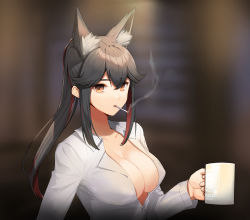 Rule 34 | 1girl, animal ear fluff, animal ears, arknights, bad id, bad twitter id, black hair, blurry, blurry background, breasts, brown eyes, cigarette, collarbone, commentary request, cup, female focus, hair between eyes, highres, holding, holding cup, large breasts, long hair, long sleeves, looking at viewer, mouth hold, mug, multicolored hair, penguin logistics logo, red hair, shirt, shovelwell, sidelocks, smoke, smoking, solo, streaked hair, texas (arknights), upper body, white shirt, wolf ears