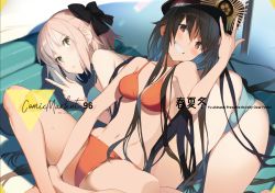 Rule 34 | 2girls, akinashi yuu, ass, bare shoulders, bikini, black bow, black hair, blonde hair, blush, bow, breasts, cleavage, collarbone, commentary request, crossed ankles, day, fate/grand order, fate (series), grin, hair between eyes, hair bow, hand up, hat, koha-ace, long hair, looking at viewer, medium breasts, multiple girls, navel, oda nobunaga (fate), oda nobunaga (koha-ace), oda nobunaga (swimsuit berserker) (fate), oda nobunaga (swimsuit berserker) (third ascension) (fate), okita souji (fate), okita souji (koha-ace), open mouth, outdoors, peaked cap, red eyes, short hair, sitting, smile, swimsuit, v, yellow eyes