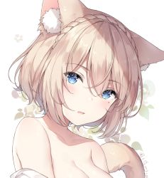 Rule 34 | 1girl, animal ear fluff, animal ears, ayuanlv, bare shoulders, blue eyes, blush, braid, breasts, cat ears, cat girl, cat tail, cleavage, collarbone, crown braid, dated, fang, final fantasy, final fantasy xiv, hair between eyes, head tilt, light brown hair, looking at viewer, medium breasts, miqo&#039;te, mole, mole under eye, off shoulder, out-of-frame censoring, parted lips, shirt, short hair, signature, simple background, solo, tail, tail raised, white background, white shirt