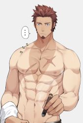 Rule 34 | 00047, 1boy, abs, bara, beard, blue eyes, brown hair, cigar, facial hair, fate/grand order, fate (series), large pectorals, long sideburns, looking at viewer, male focus, manly, muscular, napoleon bonaparte (fate), nipples, pectorals, scar, sideburns, simple background, solo, sunburn, topless male