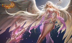 Rule 34 | 1girl, angel, angel wings, breasts, cleavage, copyright name, jewelry, large breasts, league of angels, long hair, lots of jewelry, midriff, polearm, realistic, rike lee, see-through, silver hair, solo, spear, very long hair, weapon, wings, yellow eyes