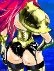 Rule 34 | 1girl, armor, ass, baccarat (one piece), black gloves, breasts, dress, full body, gloves, gmotida, hand on own hip, high heels, huge breasts, large breasts, long hair, one piece, red hair, sleeveless