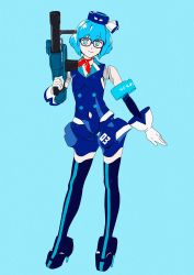 Rule 34 | 1girl, android, aqua background, aqua eyes, ascot, bad id, bad twitter id, black thighhighs, blue hair, blue hat, blue theme, bob cut, capcom, contrapposto, e.x. troopers, full body, glasses, gloves, gun, hat, high heels, highres, holding, holding gun, holding weapon, joints, looking at viewer, ojipon, pale skin, red ascot, robot, robot joints, short hair, simple background, smile, solo, standing, thighhighs, w.i.z-gamma, w.i.z-u03b3, weapon, white gloves
