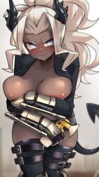 Rule 34 | 1girl, blue eyes, blush, breasts, breasts out, covering privates, covering breasts, dark-skinned female, dark skin, demon girl, demon horns, demon tail, embarrassed, female focus, grimace, helltaker, horns, jacket, judgement (helltaker), kashu (hizake), lactation, large breasts, long hair, open clothes, open jacket, tail, white hair