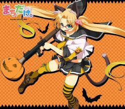 Rule 34 | 1girl, animal ears, atelier-moo, bat (animal), blonde hair, bow, breasts, cat ears, cat tail, copyright name, curtained hair, full body, glasses, green eyes, hair ornament, halloween, holding, holding rocket launcher, holding weapon, long hair, machida madoka, machidake, open mouth, pumpkin, red-framed eyewear, ribbon, rocket launcher, school uniform, serafuku, skirt, small breasts, smile, solo, standing, tail, thighhighs, thighs, twintails, weapon, yellow bow, zettai ryouiki