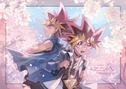 2boys back-to-back belt belt_collar black_shirt blue_jacket border bright_pupils cherry_blossoms collar crossed_arms fushitasu jacket looking_at_viewer male_focus multiple_belts multiple_boys muto_yugi open_mouth pink_eyes shirt spiked_hair spring_(season) upper_body white_pupils yami_yugi yu-gi-oh! yu-gi-oh!_duel_monsters