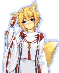 Rule 34 | 1girl, animal ears, bell, blonde hair, blue eyes, blush, breasts, embarrassed, fingerless gloves, fox ears, fox tail, gloves, hand on own ear, head tilt, highres, iris (ryou@ryou), japanese clothes, jingle bell, kagura shizume, kariginu, long sleeves, looking away, nose blush, original, outline, phantasy star, phantasy star online 2, polka dot, red gloves, ribbon-trimmed clothes, ribbon trim, ryou@ryou, short hair, simple background, small breasts, solo, tail, tassel, white background, wide sleeves
