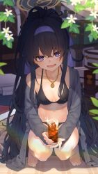 Rule 34 | 1girl, absurdres, bags under eyes, bare legs, barefoot, black hair, blue archive, blush, breasts, cardigan, cleavage, collarbone, commentary, cup, grey cardigan, hairband, halo, head tilt, highres, holding, holding cup, ice, kagari viii, long hair, looking at viewer, medium breasts, navel, purple eyes, purple hairband, solo, squatting, stomach, toes, ui (blue archive), ui (swimsuit) (blue archive), very long hair