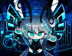 Rule 34 | ahoge, animal ears, aqua eyes, black necktie, blue eyes, blue pupils, blue theme, chibi, closed mouth, colored skin, dot nose, english text, eyes visible through hair, fake animal ears, finger frame, grey hair, grey jacket, hair between eyes, hands up, holographic interface, jacket, long sleeves, looking at viewer, necktie, neon lights, original, rabbit ears, ringed eyes, science fiction, scouter, serious, short hair, sign, signature, sira0xff, sleeve cuffs, solo, straight-on, upper body, v-shaped eyebrows, warning sign, white skin