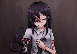 Rule 34 | 1girl, ageha (ray-k), artist name, black hair, extra eyes, extra pupils, head tilt, long hair, looking at viewer, monster girl, one eye closed, original, own hands together, ray-k, red eyes, shirt, sidelocks, signature, smile, solo, tentacles, upper body, white shirt