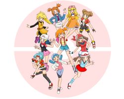 Rule 34 | 00s, 1990s (style), 1boy, 6+girls, \m/, annotated, ash ketchum, ashley (pokemon), bad id, bad pixiv id, bandana, blonde hair, blue eyes, blue hair, blush, boots, brown hair, child, creatures (company), crossdressing, dawn (pokemon), everyone, game freak, green eyes, hat, hitomi (pokemon ranger), holding, holding poke ball, in-franchise crossover, kate (pokemon), kuro hopper, leaf (pokemon), marina (pokemon), may (pokemon), misty (pokemon), multiple girls, nintendo, oekaki, orange hair, pink footwear, poke ball, pokemon, pokemon (anime), pokemon (classic anime), pokemon adventures, pokemon colosseum, pokemon frlg, pokemon ranger, pokemon ranger (game), pokemon ranger 1, pokemon ranger 2, pokemon ranger vatonage, pokemon rgby, poketch, porkpie hat, retro artstyle, reverse trap, rui (pokemon), solana (pokemon), suspenders, trap, waist poke ball, watch, wristwatch, yellow (pokemon)