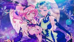 Rule 34 | 2girls, absurdres, blue eyes, breasts, brown eyes, collarbone, couple, detached sleeves, dress, earrings, green dress, green hair, hair behind ear, halter dress, halterneck, hand on another&#039;s chin, highres, jewelry, m rgfn, macross, macross delta, macross delta: zettai live!!!!!!, makina nakajima, medium breasts, moon, multiple girls, parted lips, pink dress, pink hair, pointy ears, reina prowler, single earring, small breasts, snowflakes, twintails, yuri