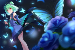 Rule 34 | 1girl, armpit peek, bare shoulders, benchen06, blue dress, blue flower, blue rose, bug, butterfly, closed mouth, commentary request, detached collar, detached sleeves, double bun, dress, flat chest, flower, glowing, green hair, green nails, hair between eyes, hair bun, highres, hololive, insect, looking at viewer, nail polish, red eyes, rose, sky, smile, solo, star (sky), starry sky, uruha rushia, uruha rushia (1st costume), virtual youtuber, wide sleeves