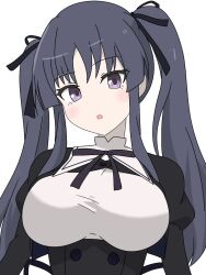 Rule 34 | 1girl, :o, alternate hairstyle, arms at sides, assault lily, black hair, black ribbon, black skirt, blush, breasts, buttons, commentary request, cropped jacket, hair ribbon, head tilt, high-waist skirt, highres, juliet sleeves, kimassi, large breasts, long sleeves, looking at viewer, neck ribbon, parted lips, puffy sleeves, purple eyes, ribbon, school uniform, shirai yuyu, shirt, sidelocks, simple background, skirt, solo, twintails, upper body, white background, white shirt, yurigaoka girls academy school uniform
