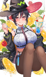 Rule 34 | 1girl, :q, absurdres, amahara subaru, black hair, black hat, black jacket, blue nails, blush, breasts, brown pantyhose, cherry, chest harness, closed mouth, collared shirt, crop top, cup, feet out of frame, food, frilled shirt, frills, fruit, hair between eyes, harness, hat, highres, holding, holding cup, holding spoon, indie virtual youtuber, isonade orca, jacket, knees up, large breasts, looking at viewer, nail polish, open clothes, open jacket, orange (fruit), orange slice, pantyhose, pointy ears, red eyes, red hair, shirt, short hair, sitting, sleeveless, sleeveless shirt, solo, spoon, test tube, tongue, tongue out, virtual youtuber, white background, white shirt, witch hat