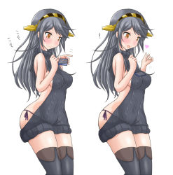 Rule 34 | !, 10s, 1girl, :d, :v, alternate costume, black hair, black thighhighs, blush, brown eyes, cellphone, commentary request, cutting hair, hairband, haruna (kancolle), holding, jack (slaintheva), kantai collection, long hair, meme attire, multiple views, open mouth, panties, phone, side-tie panties, smartphone, smile, sweat, tawawa challenge, thighhighs, translated, underwear, virgin killer sweater, zettai ryouiki