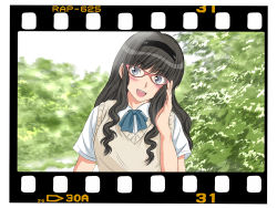 Rule 34 | 1girl, amagami, bespectacled, black hair, blush, commentary request, dress, facing viewer, glasses, grey eyes, keisuke (0320030103200301), kibito high school uniform, looking at viewer, morishima haruka, open mouth, red-framed eyewear, school uniform, short sleeves, smile, solo, sweater, sweater dress