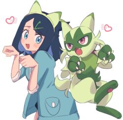 Rule 34 | 1girl, :d, black hair, black shorts, blush, commentary request, cowlick, creatures (company), floragato, game freak, hair ornament, hairclip, hands up, heart, liko (pokemon), nintendo, nm222, open mouth, parted bangs, paw pose, pokemon, pokemon (anime), pokemon (creature), pokemon horizons, pokemon tail, shorts, simple background, sleeves past elbows, smile, tail, white background