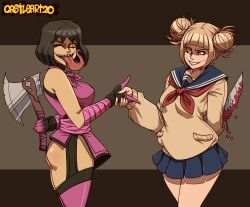 Rule 34 | 2girls, absurdres, axe, black hair, blonde hair, blood, boku no hero academia, breasts, castleart, colored sclera, crossover, double bun, hair bun, highres, holding hands, knife, large breasts, long tongue, looking at another, mileena (mortal kombat), mortal kombat (series), multiple girls, orange sclera, short hair, toga himiko, tongue, tongue out