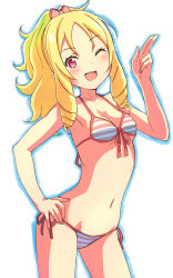 Rule 34 | 1girl, ;d, absurdres, bare arms, bare shoulders, bikini, blonde hair, blush, bow, braid, breasts, collarbone, contrapposto, eromanga sensei, fingernails, front-tie bikini top, front-tie top, groin, hair bow, hand on own hip, hand up, high ponytail, highres, long hair, navel, nyama, one eye closed, open mouth, pink bow, ponytail, red eyes, side-tie bikini bottom, sidelocks, small breasts, smile, solo, striped bikini, striped clothes, swimsuit, teeth, twin braids, upper teeth only, white background, yamada elf