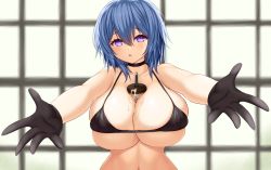 Rule 34 | 1girl, asamura hiori, between breasts, bikini, bikini top only, blue hair, breasts, bubble tea, bubble tea challenge, cup, disposable cup, drinking straw, gloves, highres, huge breasts, looking at viewer, micro bikini, original, outstretched arm, outstretched arms, outstretched hand, purple eyes, reaching, reaching towards viewer, short hair, solo, spread arms, swimsuit