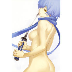 Rule 34 | blue hair, breasts, katana, nagi ryou, scarf, sword, topless, weapon