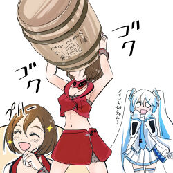 Rule 34 | 2girls, arms up, barrel, black bra, blue hair, blue necktie, bra, brown hair, closed eyes, collar, commentary, cropped jacket, drinking, grey shirt, hair ornament, harumaron 123, hatsune miku, holding barrel, jacket, light blue hair, long hair, looking at another, meiko (vocaloid), meiko (vocaloid3), midriff, miniskirt, mittens, multiple girls, navel, necktie, o o, open mouth, pleated skirt, red collar, red jacket, red skirt, scarf, shirt, short hair, skirt, sleeveless, sleeveless jacket, smile, snowflake print, sparkling aura, sweat, thighhighs, translated, twintails, underwear, v-shaped eyebrows, very long hair, vocaloid, white background, white mittens, white scarf, white skirt, wiping mouth, yuki miku, yuki miku (2011), zettai ryouiki, zipper skirt