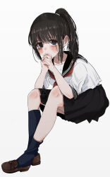Rule 34 | 1girl, absurdres, bags under eyes, black hair, black sailor collar, black skirt, blue socks, brown footwear, commentary request, covering own mouth, crossed ankles, empty eyes, female focus, fingernails, full body, highres, interlocked fingers, loafers, long hair, looking at viewer, mugicha (mugicha5060), neckerchief, original, own hands together, partial commentary, pink nails, pinup (style), ponytail, red neckerchief, sad, sailor collar, school uniform, serafuku, shoes, short sleeves, simple background, sitting, skirt, sleeve cuffs, socks, solo, stained clothes, tears, white background, white serafuku, white stripes