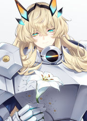 Rule 34 | 1girl, 7dango7, armor, blonde hair, blue eyes, breastplate, commentary, barghest (fate), barghest (first ascension) (fate), fate/grand order, fate (series), female knight, flower, gauntlets, gradient eyes, highres, horns, lily (flower), long hair, looking at viewer, multicolored eyes, orange eyes, smile, solo