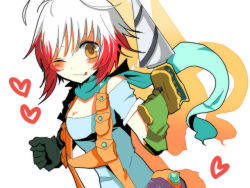 Rule 34 | 1girl, blue shirt, drill, gloves, koym, multicolored hair, one eye closed, overalls, pascal (tales), pascal (tales), red hair, scarf, shirt, short hair, solo, tales of (series), tales of graces, tongue, two-tone hair, white hair, wink, yellow eyes