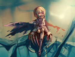 Rule 34 | 1girl, armor, artificial eye, bad id, bad pixiv id, black sclera, blonde hair, cape, claws, colored sclera, covered mouth, full body, looking to the side, mechanical, mechanical eye, original, red eyes, sakata kaname, short hair, single wing, sitting, solo, walking, wings
