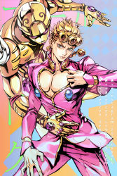 Rule 34 | 1boy, bare pectorals, blonde hair, braid, cleavage cutout, closed mouth, clothing cutout, commentary request, cowboy shot, curly hair, deviantart username, giorno giovanna, gold experience, green eyes, heart cutout, instagram username, jacket, jojo no kimyou na bouken, lips, long hair, long sleeves, looking at viewer, male focus, multicolored background, pants, pectoral cleavage, pectorals, purple jacket, purple pants, serious, single braid, stand (jojo), standing, star (symbol), vento aureo, watermark, web address, zzyzzyy