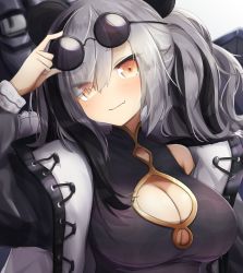 Rule 34 | 1girl, animal ears, arknights, arm up, black dress, black hair, black jacket, blush, breasts, brown eyes, china dress, chinese clothes, cleavage, cleavage cutout, clothing cutout, commentary, dress, eyewear on head, feater (arknights), grey background, head tilt, highres, jacket, klaius, large breasts, long hair, looking at viewer, panda ears, silver hair, smile, solo, sunglasses, sunglasses on head, upper body