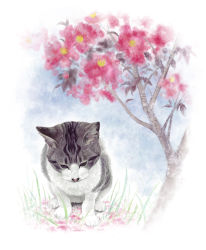 Rule 34 | branch, cat, flower, highres, looking down, nature, no humans, original, realistic, sakkan, sitting, traditional media