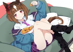 1girl :t animal_ears black_socks blue_jacket blush bow brown_hair bucket_of_chicken chicken_(food) collared_shirt commentary_request couch ear_ribbon eating food fried_chicken hand_up highres holding holding_food horse_ears horse_girl horse_tail jacket kfc legs_up long_sleeves looking_at_viewer loose_socks miniskirt necktie off_shoulder on_couch open_clothes open_jacket pillow pleated_skirt purple_necktie purple_skirt red_eyes red_ribbon ribbon shirt short_hair sitting skirt socks solo tail totomono transcend_(umamusume) umamusume wavy_mouth white_background white_shirt