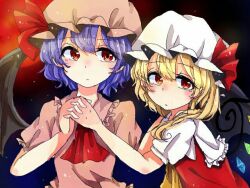 Rule 34 | 2girls, ascot, bat wings, black wings, blonde hair, closed mouth, collared shirt, crystal, flandre scarlet, frilled shirt collar, frills, hat, holding hands, interlocked fingers, kuromame1025, looking at viewer, medium hair, mob cap, moon, multicolored wings, multiple girls, one side up, pink headwear, pink shirt, puffy short sleeves, puffy sleeves, purple hair, red ascot, red eyes, red moon, red vest, remilia scarlet, shirt, short sleeves, siblings, sisters, touhou, upper body, vest, white headwear, white shirt, wings, yellow ascot